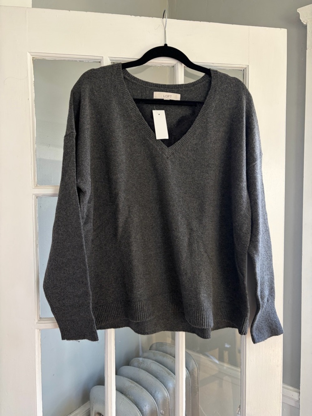 NWT LOFT Charcoal V-Neck Women's Sweater with lace detail. Size large